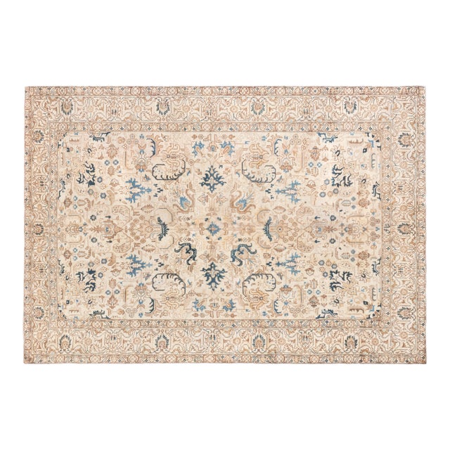 1930s Floral Persian Kirman Camel, Light Brown, Indigo Blue Handmade Wool Rug For Sale