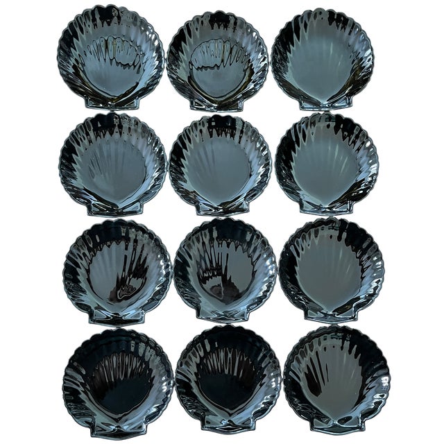 Bunny Williams Home Set of 12 Vintage Arcoroc France "Coquillage" Black Glass Shell Dishes, Circa 1960s For Sale - Image 4 of 13