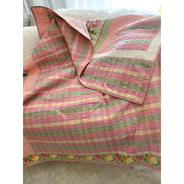 Arts & Crafts Vintage 1990’s Floral Patchwork Quilt Pink Green Yellow Roses Reversible to Pink Multi Seersucker Motifs 68” X 53” Twin For Sale - Image 3 of 12