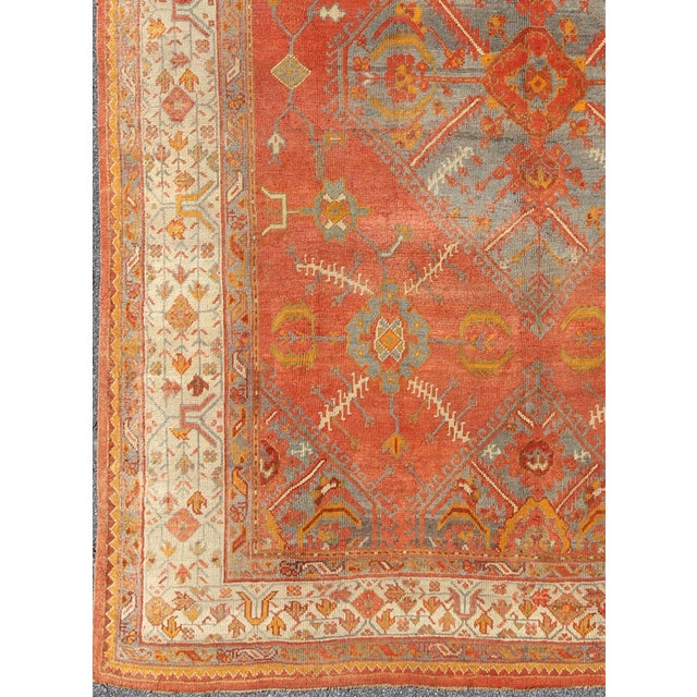 Tribal Antique Turkish Oushak Rug With Tribal Medallion Design in Terracotta and Blue 10'0 X 13'8 For Sale - Image 3 of 12