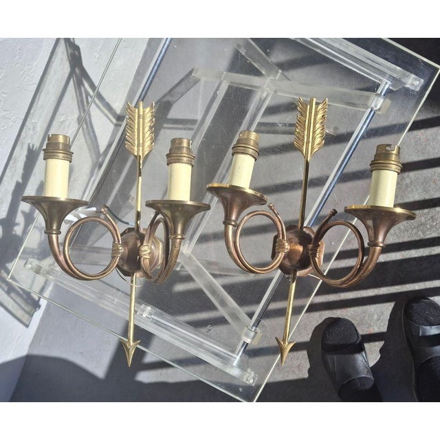 19thc French Empire Neoclassic Bronze Horn/ Arrow 2 Light Sconces a - Pair For Sale - Image 16 of 17