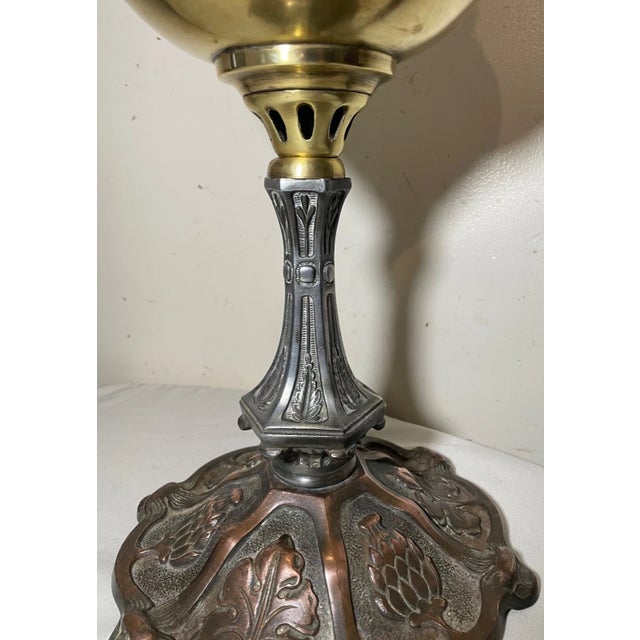 Art Deco Large Antique Ornate 1800s Brass Glass Electrified Oil Table Parlor Banquet Lamp For Sale - Image 3 of 12