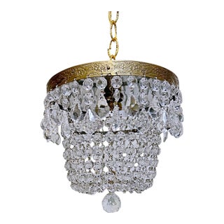 Vintage Hollywood Regency Brass Tiered Crystal Basket Chandelier For Sale