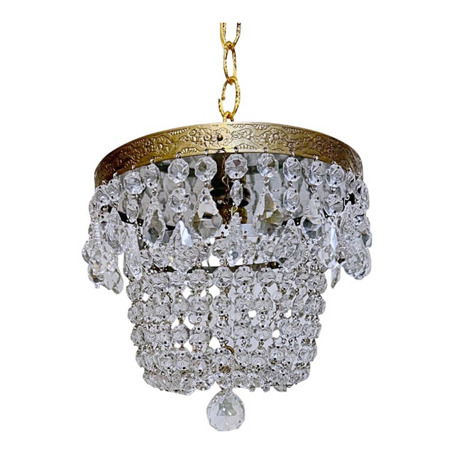 Vintage Hollywood Regency Brass Tiered Crystal Basket Chandelier For Sale