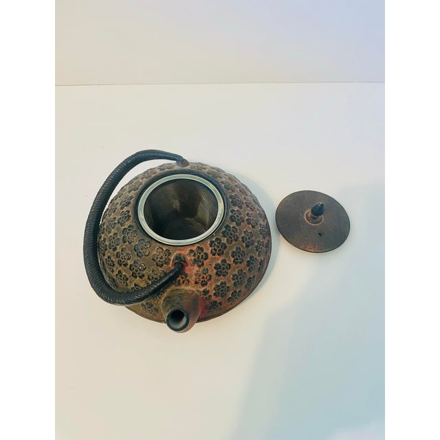 Japanese Vintage Japanese Nanbu Tekki Cast Iron Tetsubin Teapot – Floral Relief Patina For Sale - Image 3 of 8
