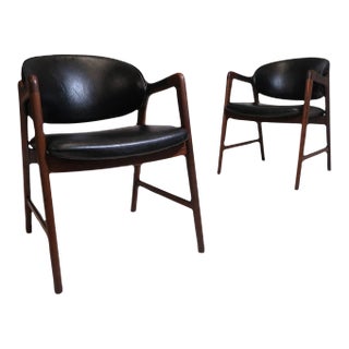 Mid Century Danish Walnut Arm Chairs in Black- Set of 2 For Sale