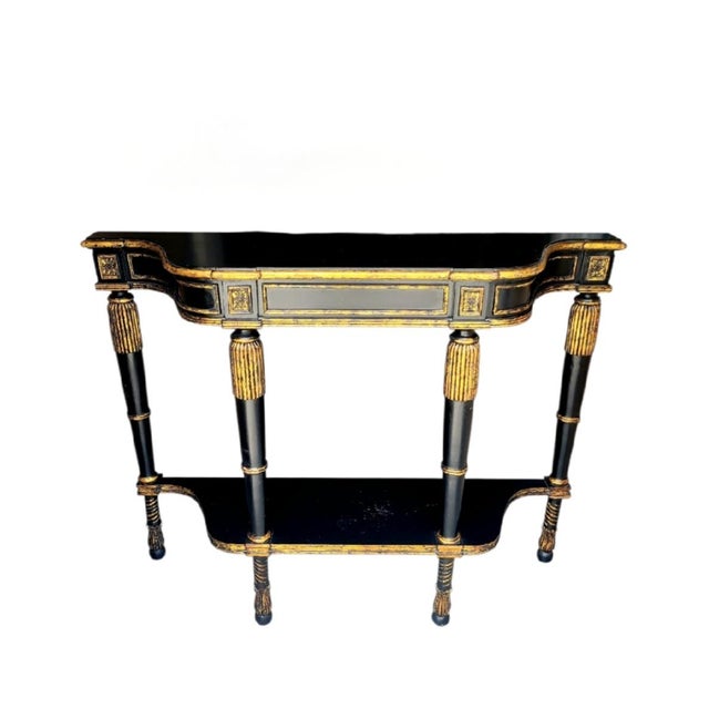 Hollywood Regency Vintage French Empire Regency Gold Gilt Ebonized Demi Lune Console Table For Sale - Image 3 of 15