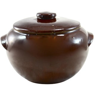 Rustic Farmhouse Stoneware Lidded Bean Pot For Sale