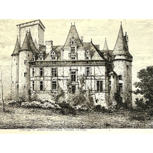 French Antique Etching of French Chateau Rochefoucauld by Eugène Sadoux C. 1860 For Sale - Image 3 of 7