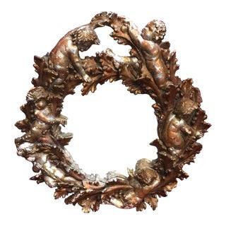 19th Century Italian Distress Gilt Mirror Frame With Cherubs Wreath For Sale