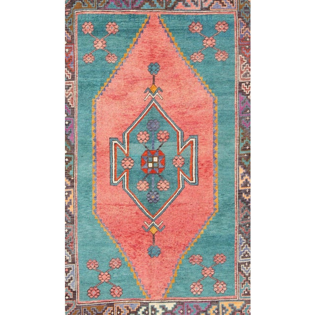 Tribal Tribal Design Vintage Turkish Rug in Teal, Blue, Green, Charcoal & Coral For Sale - Image 3 of 8