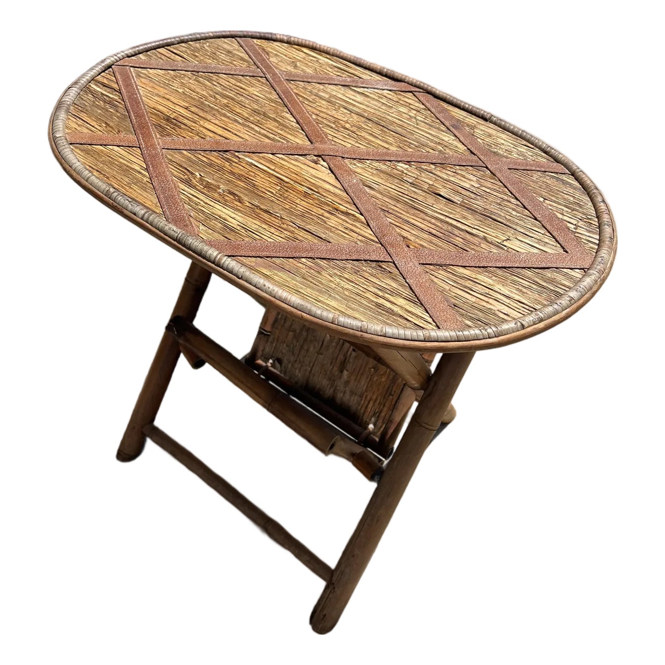 1970s Small Oval Wicker and Wooden Fold Up Side Table | Chairish