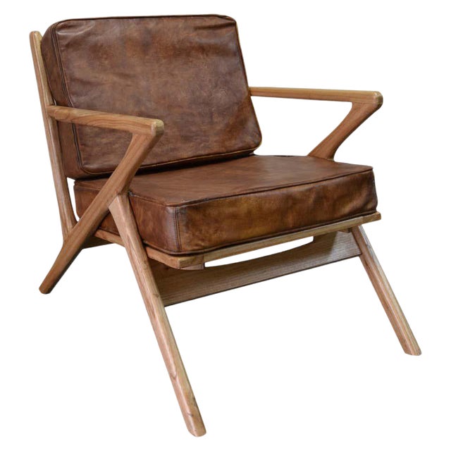 New Bentwood Armchair With Wood Seat and Back and Brown Skin Cushions For Sale