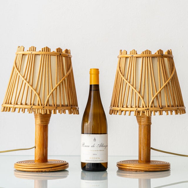 Vintage French Riviera Rattan Table Lamps in the Style of Louis Sognot, 1960s, Set of 2 For Sale - Image 3 of 12