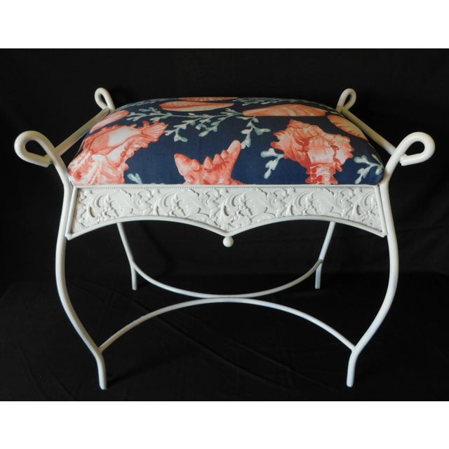 Vintage Mid Century White Iron Blue Coral Upholstered Vanity Stool Bench For Sale - Image 9 of 13