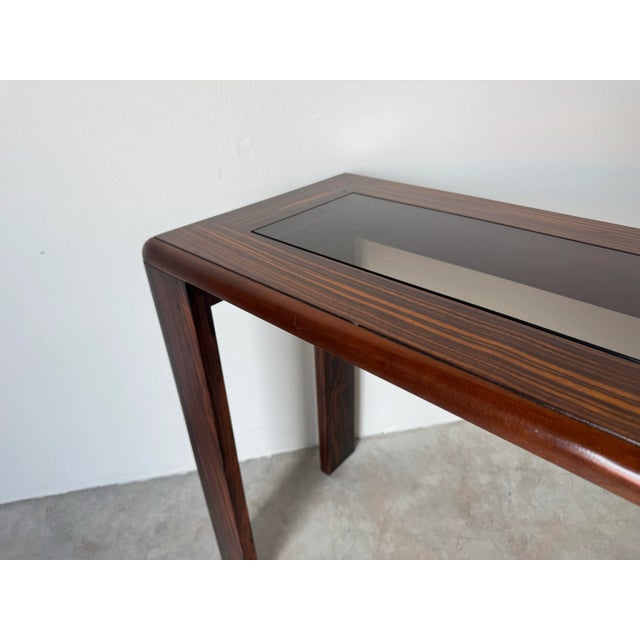 Ebony Vintage Macassar Ebony Console Table With Smoked Glass Inset Top by Baker Furniture/ Sold For Sale - Image 8 of 12