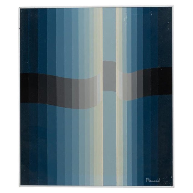 20th Century Belgian Baby Blue Striped Abstract Vintage Painting With Metal Frame by Rene Berdal For Sale In Greensboro - Image 6 of 18