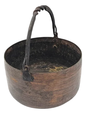 Antique Hammered Copper Hearth Cauldron With Wrought Iron Bail 12"