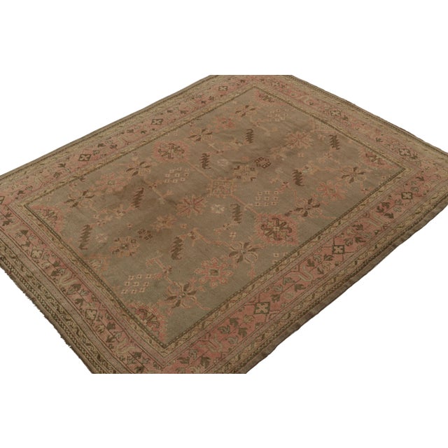 Rug & Kilim Hand-Knotted Antique Oushak Rug in Beige-Brown Pink Floral Pattern For Sale - Image 4 of 7