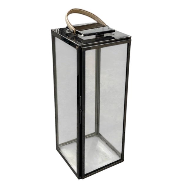 Vintage Modern Polished Gunmetal & Glass Floor Lantern With Tan Leather Handle For Sale - Image 4 of 12