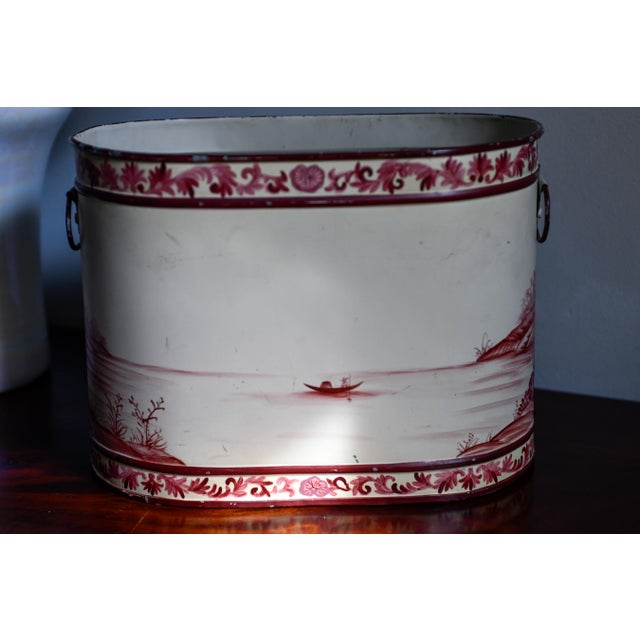 Paint 1980s Red Cream Toleware Painted Planter, Ice Bucket, Hand-Painted Pastoral River Scene, Oval Cachepot With Handles, 13.5"w For Sale - Image 7 of 9