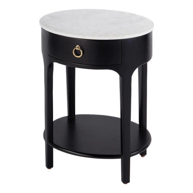Ellen 18.25 in. W Oval Marble and Wood 1 Drawer Nightstand, Black For Sale