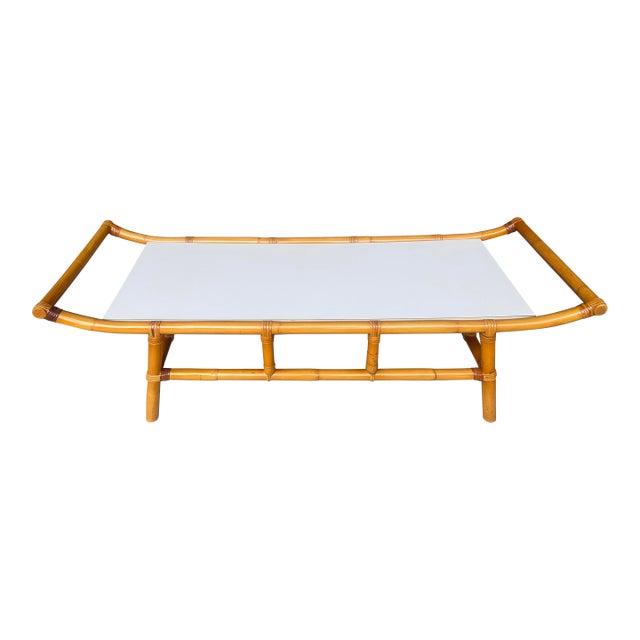 1960s Rattan and Bamboo Pagoda Low Coffee Table by Turtle and Crane - John Wisner for Ficks Reed Style For Sale