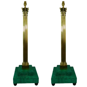 Brass Column Lamps With Faux Malakite Bases, 19th Century - a Pair