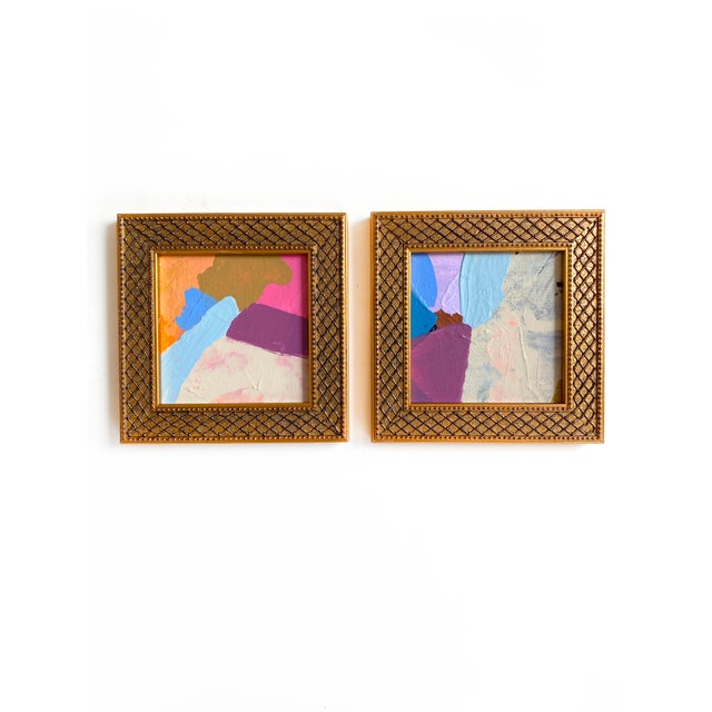 Two original mini paintings by Jessalin Beutler in a set with matching gold frames. Artwork is mixed media on canvas...