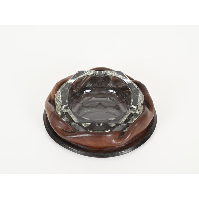 Adnet Brown Curved Leather and Crystal Glass Ashtray, 1950s For Sale - Image 9 of 15