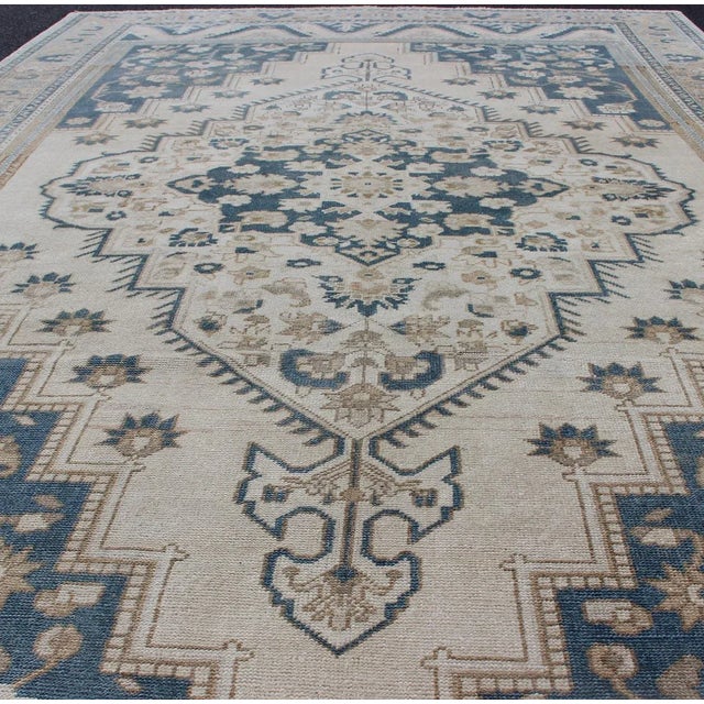 Textile Vintage Turkish Oushak Rug With Geometric Design in Blue, Taupe and Sand For Sale - Image 7 of 13
