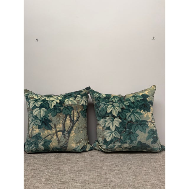 Pair of reversible pillows is upholstery weight velvet with down filled inserts. One side has Zoffany's Richmond Park...