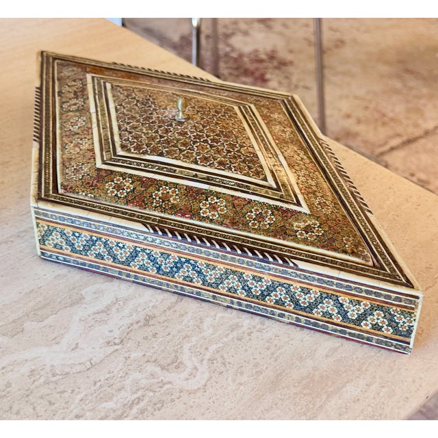 Antique Middle Eastern Marquetry Jewelry Box With Brass Inlay, Circa 1920 For Sale - Image 4 of 13
