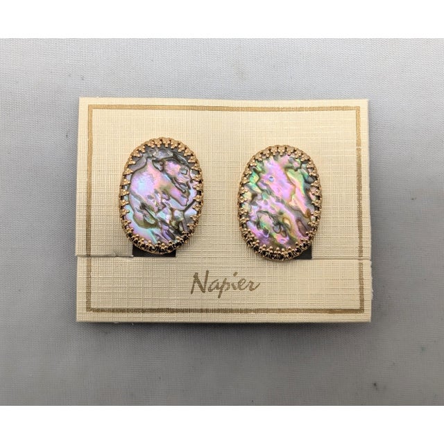 1960s Vintage 1960s Signed Napier Oval Abalone Clip Earrings- 2 Pieces For Sale - Image 5 of 9
