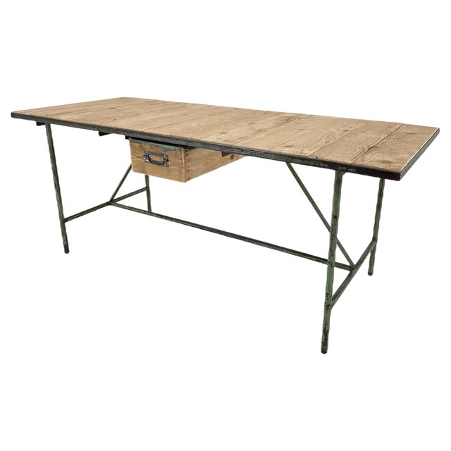 Vintage Industrial Iron and Wood Table with Drawer, 1950s For Sale