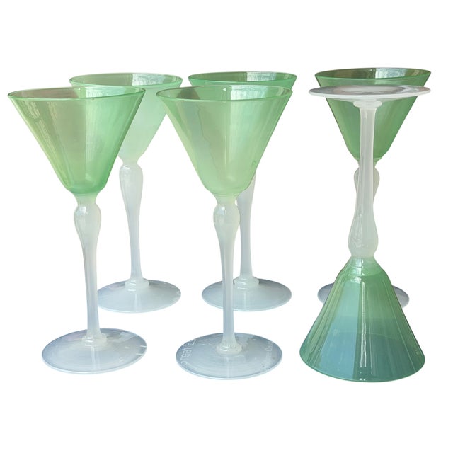 Stevens & Williams 1910s Stevens & Williams Green & White Opaline Glass Cocktail Wine Stems - Set of 6 For Sale - Image 4 of 5