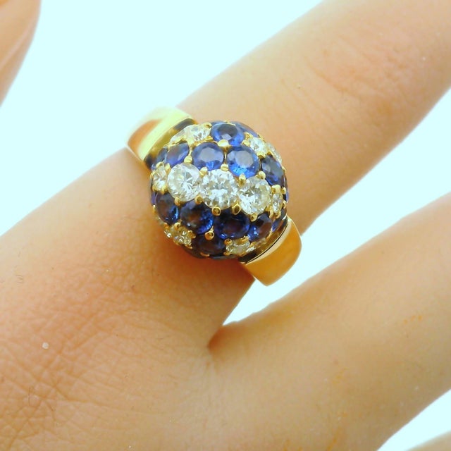 A fun and stylish everyday ring featuring 3.55 carats of bright vivid blue sapphires and 1.60 carats of round brilliant-...