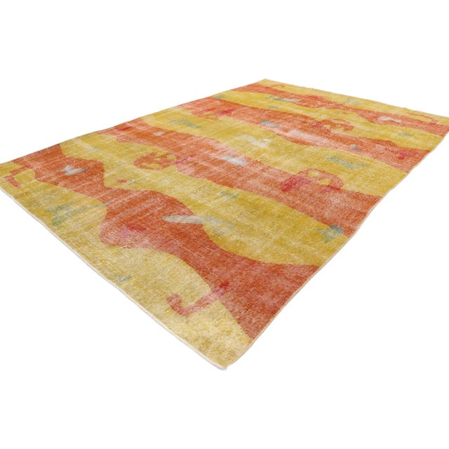 Zeki Muren distressed vintage Turkish Sivas rug with abstract expressionist style. With its geometric pattern, bold form...