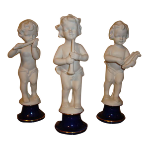 Set of 3 Figurines With Musical Instruments Made of Bisque Porcelain, Mid 20th Century