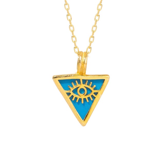 Turquoise & Gold Triangle Pendant Evil Eye Talisman Necklace For Sale In Miami - Image 6 of 10
