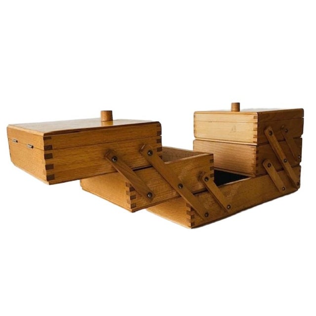 Brown Mid-Century Modern Danish Folding Wooden Sewing Box, 1960s For Sale - Image 8 of 11