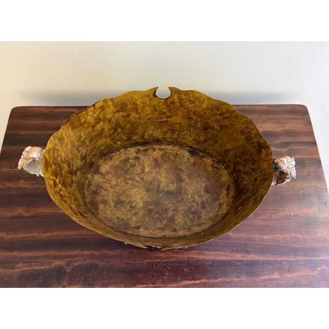 Metal Vintage Neoclassical Faux Bois Tole Cachepot With Laurel Wreath Mounts For Sale - Image 7 of 11