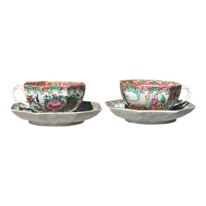 1920s Famille Rose Medallion Octagonal Cups and Saucers Set- 4 Pieces
