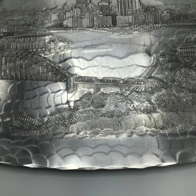 1970s “Wendell August Forge” Hammered Aluminum My Hometown Pittsburgh Pa. Skyline Tray For Sale - Image 5 of 13