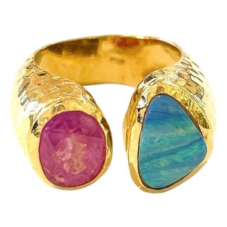 Bochic "Orient" Ruby & Blue Opal Vintage 2 Gem Ring Set 18K & Silver For Sale