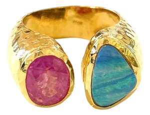 Bochic "Orient" Ruby & Blue Opal Vintage 2 Gem Ring Set 18K & Silver