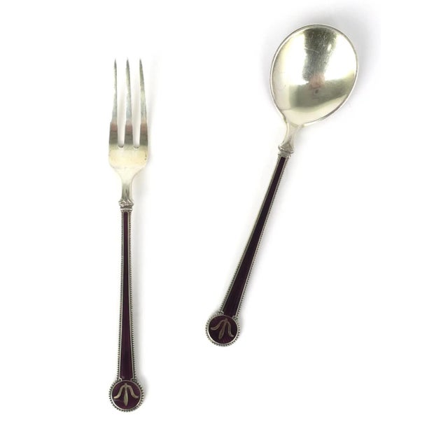A beautiful and fine set of sterling silver and purple eggplant enamel guilloche appetizer fork and spoon from Norwegian...