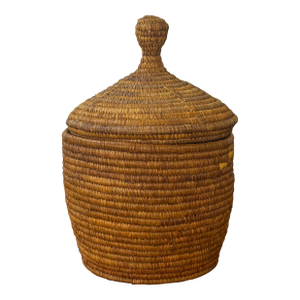 Antique Alaskan Yupik Lidded Grass Basket - Handwoven Vessel, 19c