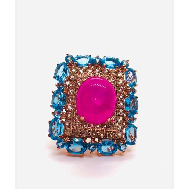 Bochic “Capri” Vintage Ruby & Blue Topaz Ring Set In 18K Gold & Silver For Sale - Image 11 of 11