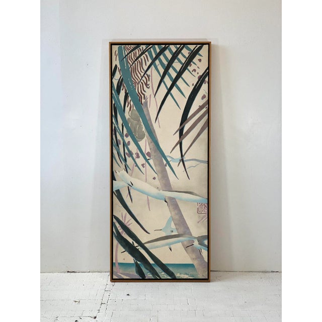 Vintage Large Scale Seaside Paradise Painting, Circa 1980s. Minimal design of palms and birds in shades of lavender,...